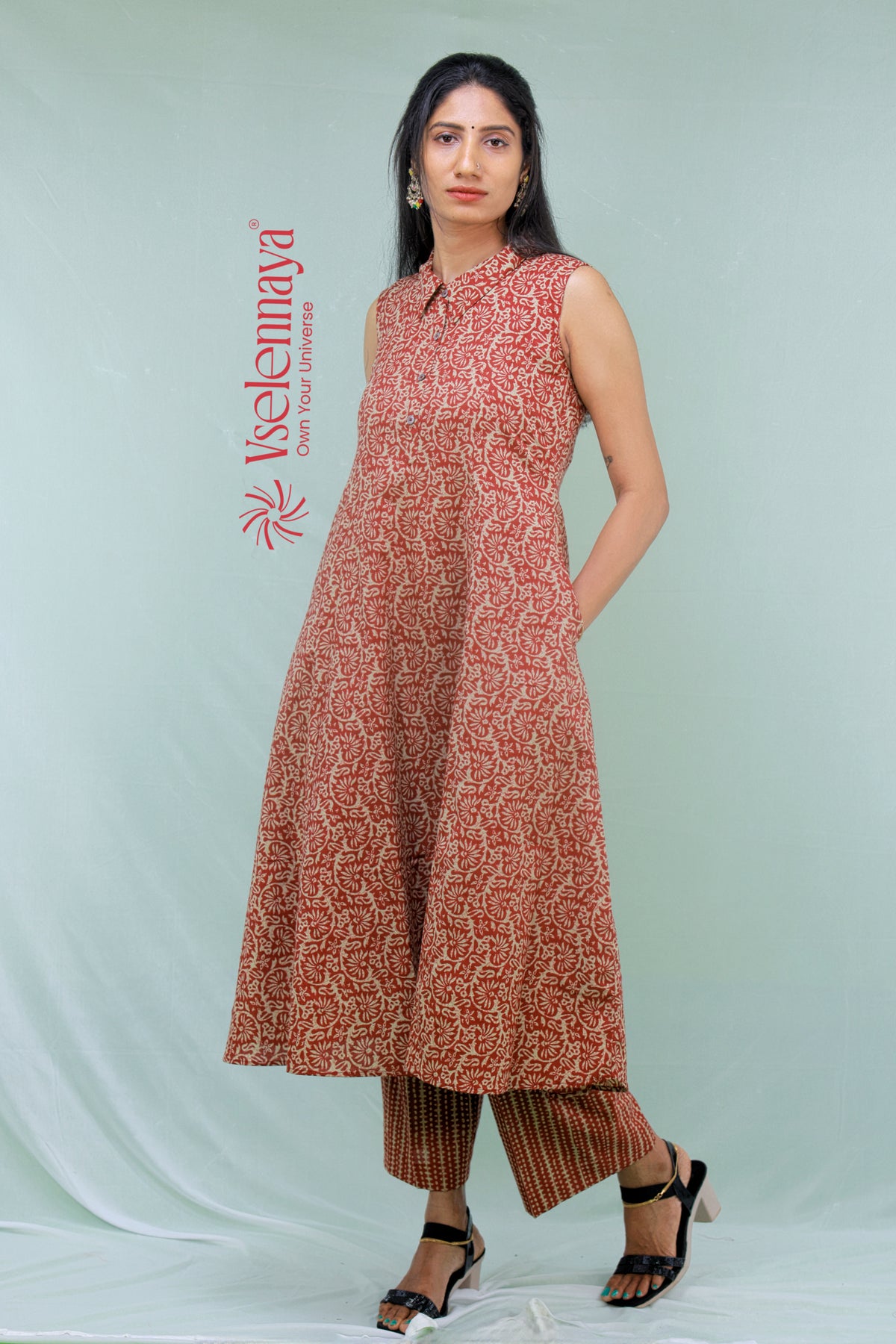 Printed Cotton Co-Ord Set - Brick Red