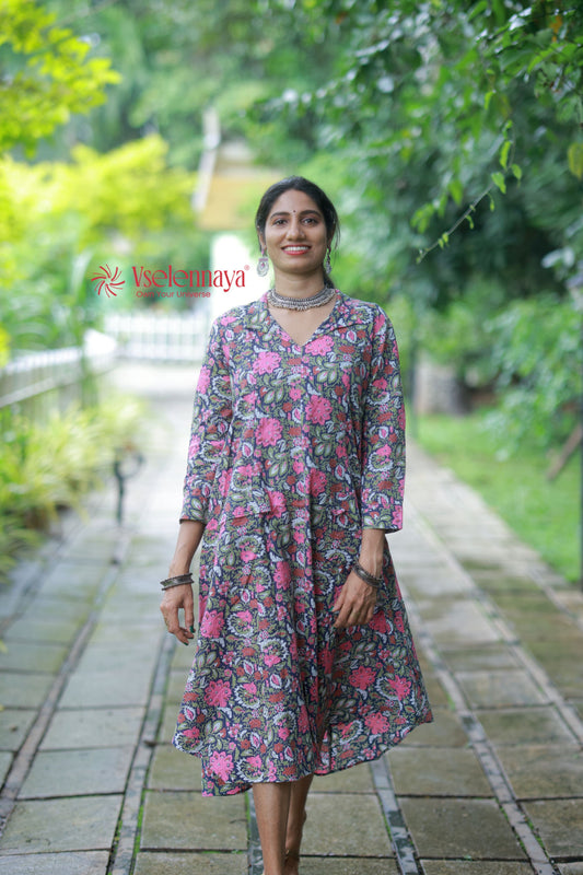 Kantha Cotton A Line Dress - Deep Navy Blue