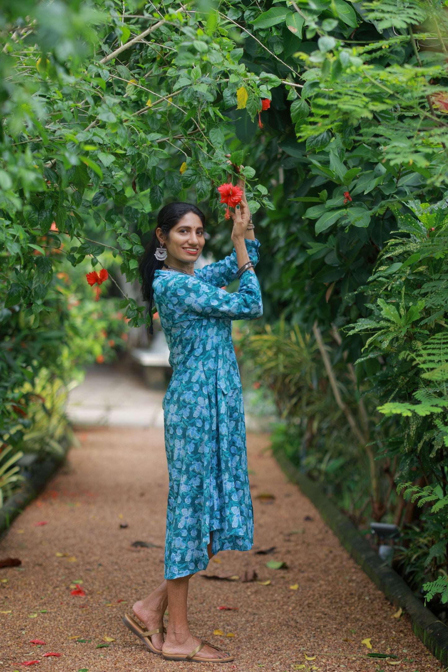 Kantha Cotton A Line Dress - Deep Teal Green