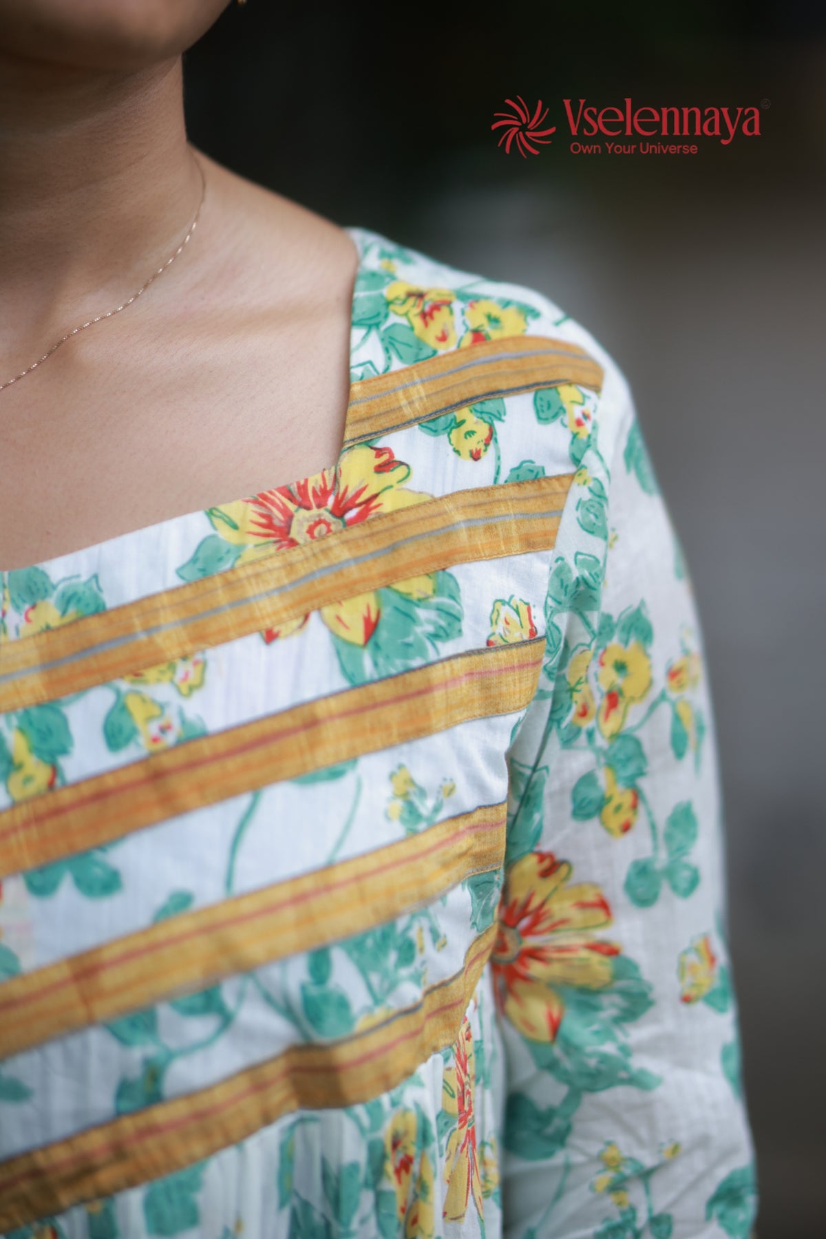 Gathered Dress - White with Yellow Floral