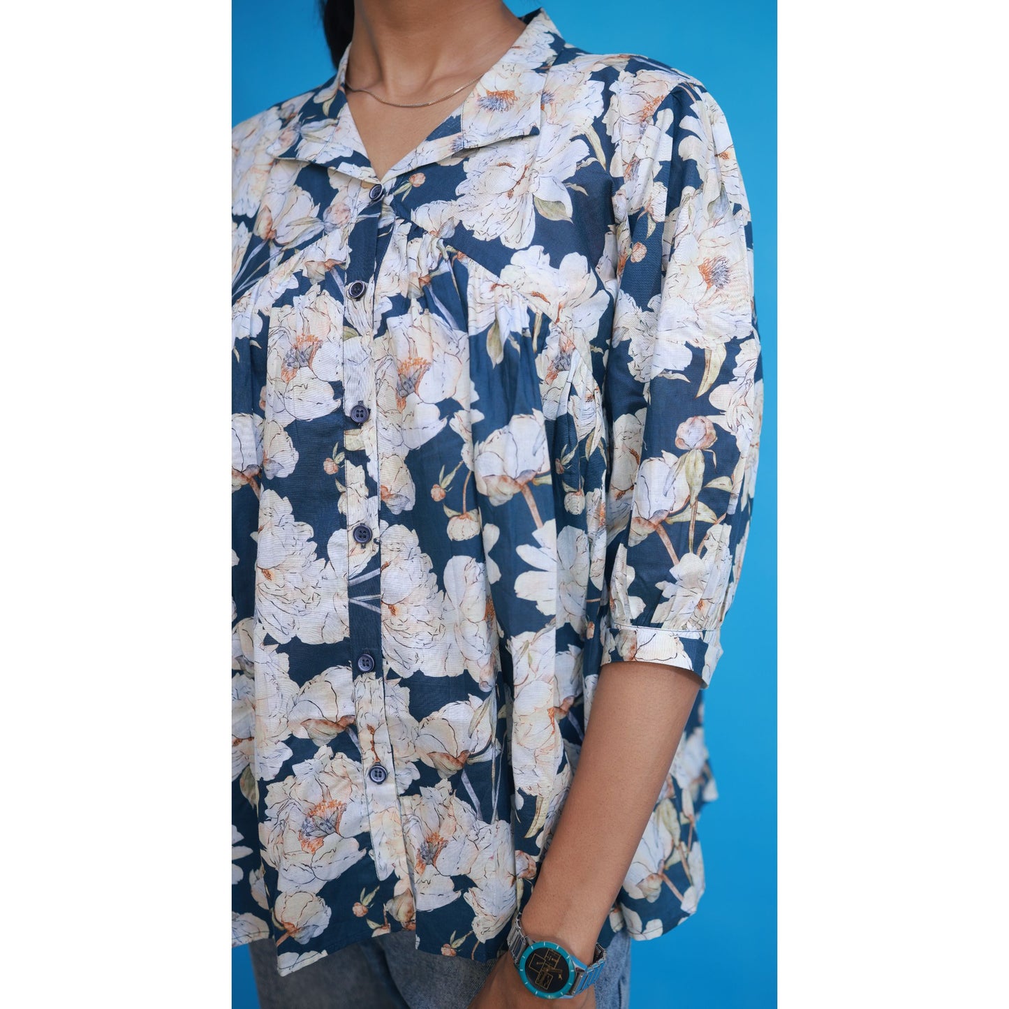 Gathered Shirt - Dark Teal Blue