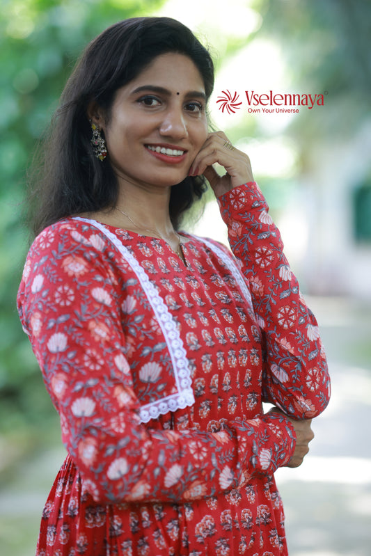 2 in 1 Full Sleeve Dress - Crimson Red