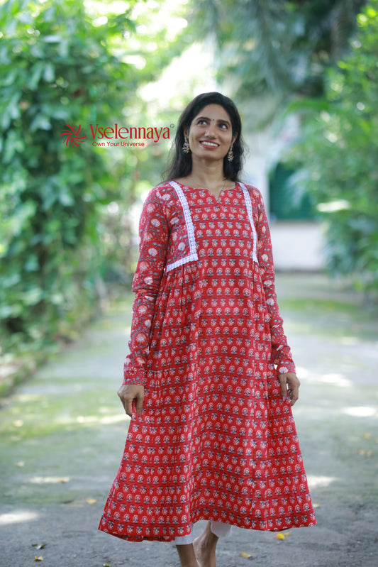 2 in 1 Full Sleeve Dress - Crimson Red