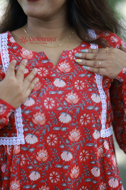 2 in 1 Full Sleeve Dress - Crimson Red