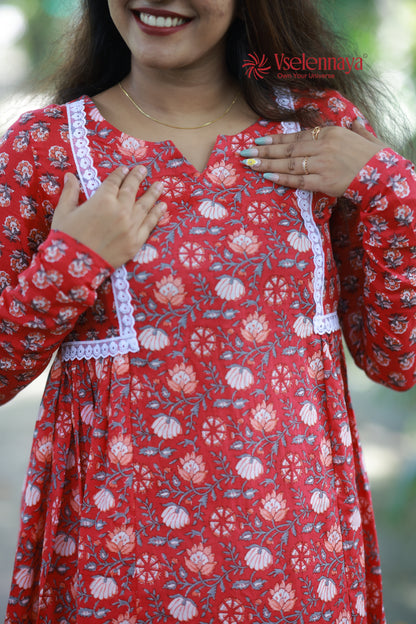 2 in 1 Full Sleeve Dress - Crimson Red
