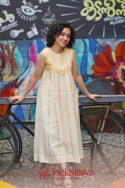 Hemam -Butter Yellow with Off-White with Gold Vertical Zari stripes(Onam Special Limited Design)