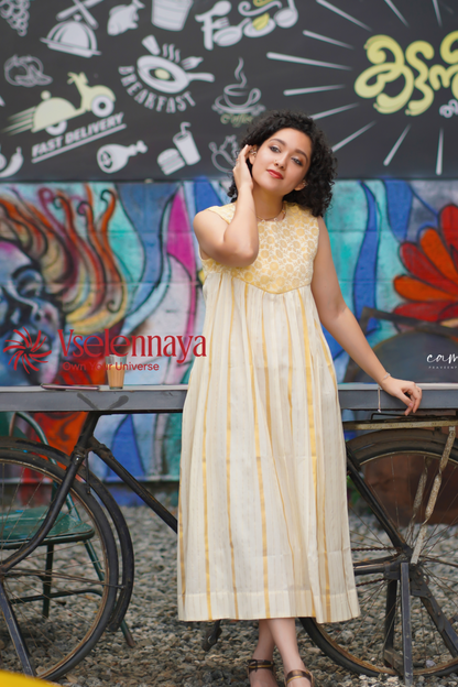 Hemam -Butter Yellow with Off-White with Gold Vertical Zari stripes(Onam Special Limited Design)
