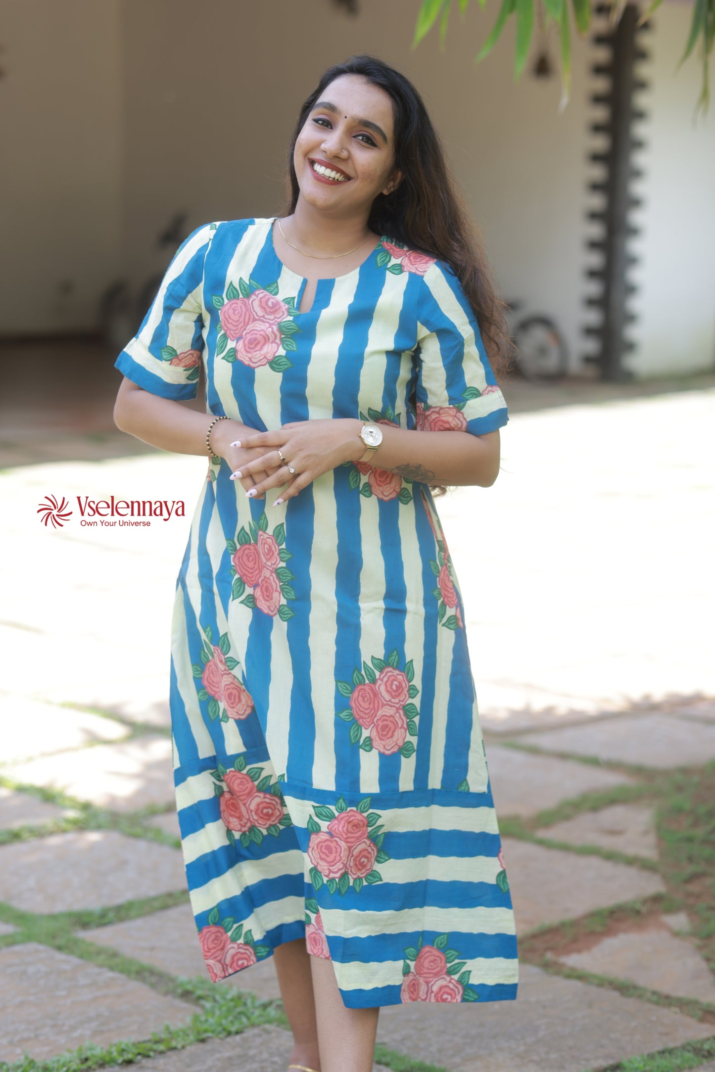 Bloom Line Dress|Deep Sky Blue with Ivory Stripes(Limited Edition)