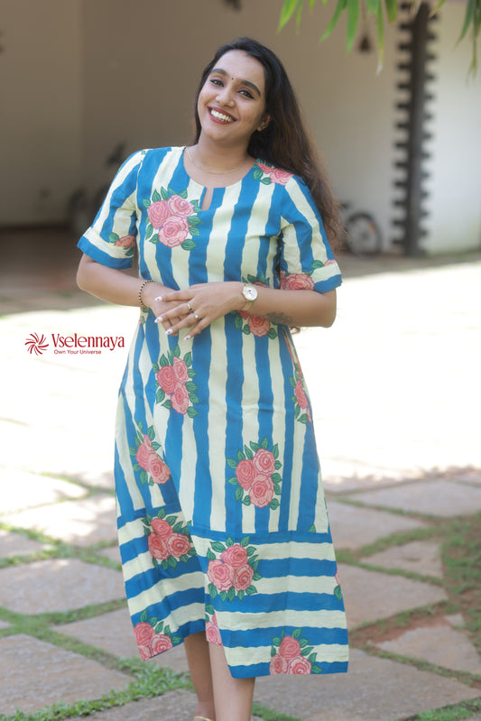 Bloom Line Dress|Deep Sky Blue with Ivory Stripes(Limited Edition)