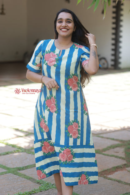 Bloom Line Dress|Deep Sky Blue with Ivory Stripes(Limited Edition)
