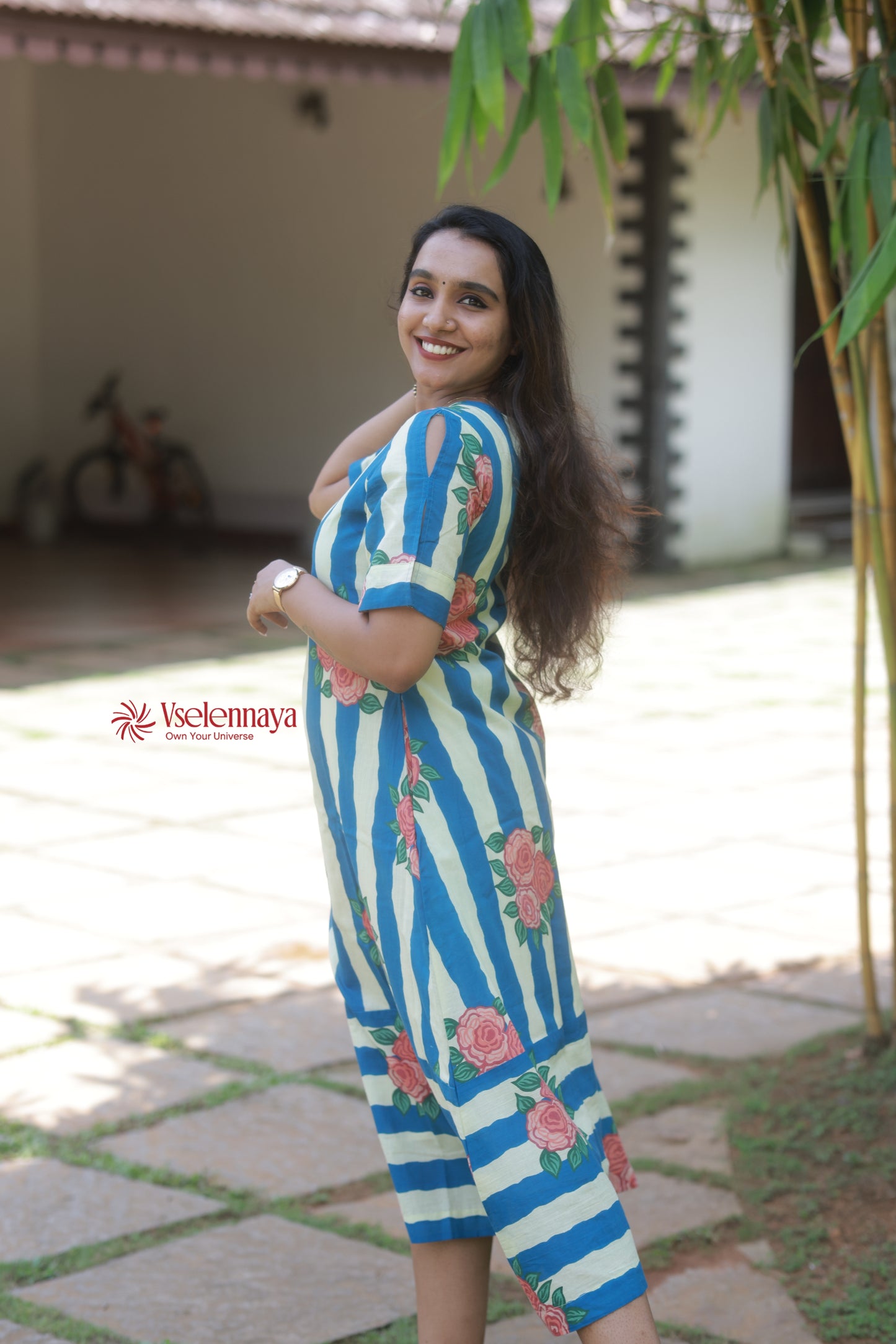 Bloom Line Dress|Deep Sky Blue with Ivory Stripes(Limited Edition)