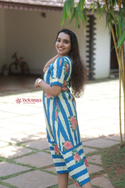 Bloom Line Dress|Deep Sky Blue with Ivory Stripes(Limited Edition)