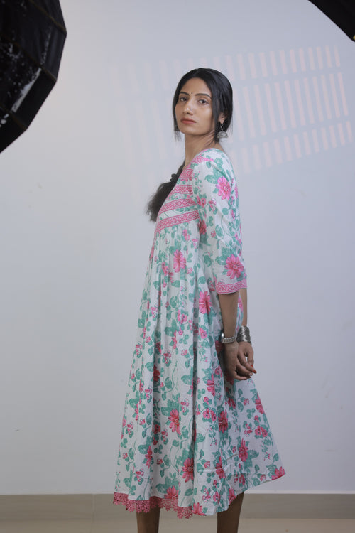 Gathered Dress - White with Pink