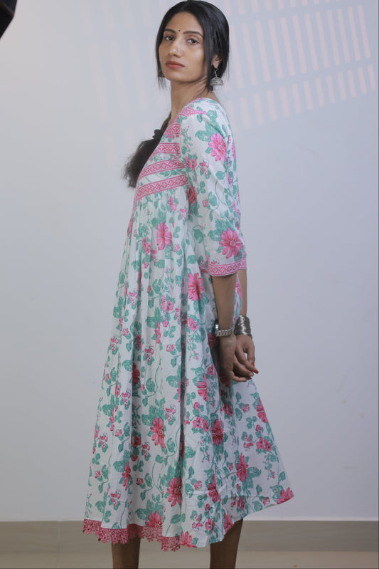 Gathered Dress - White with Pink
