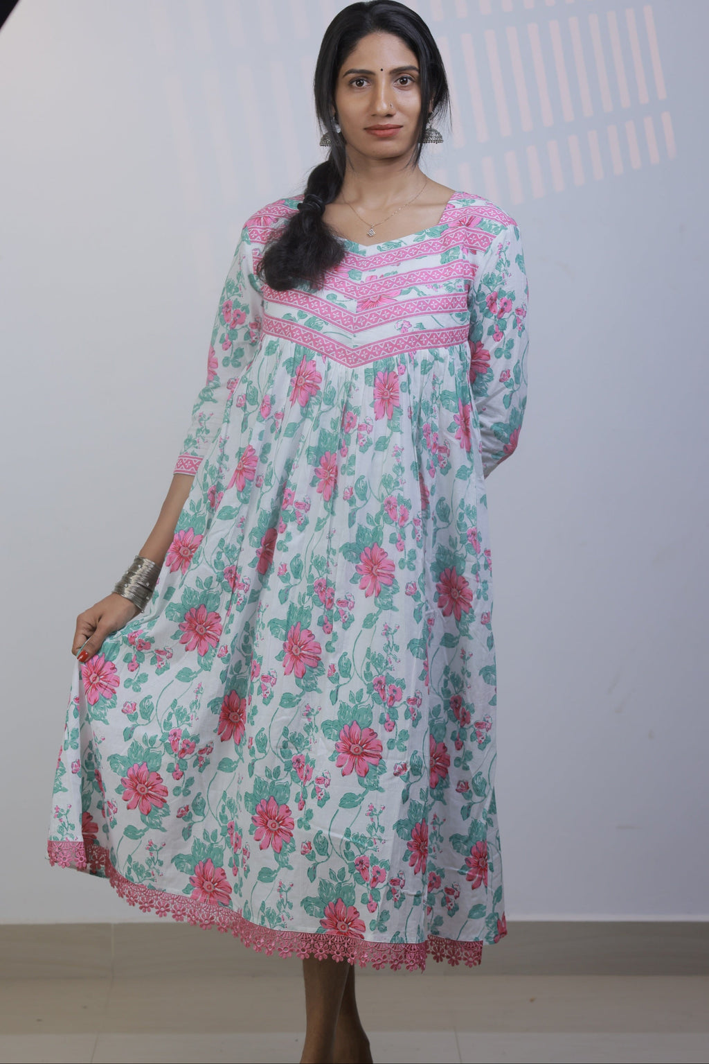Gathered Dress - White with Pink
