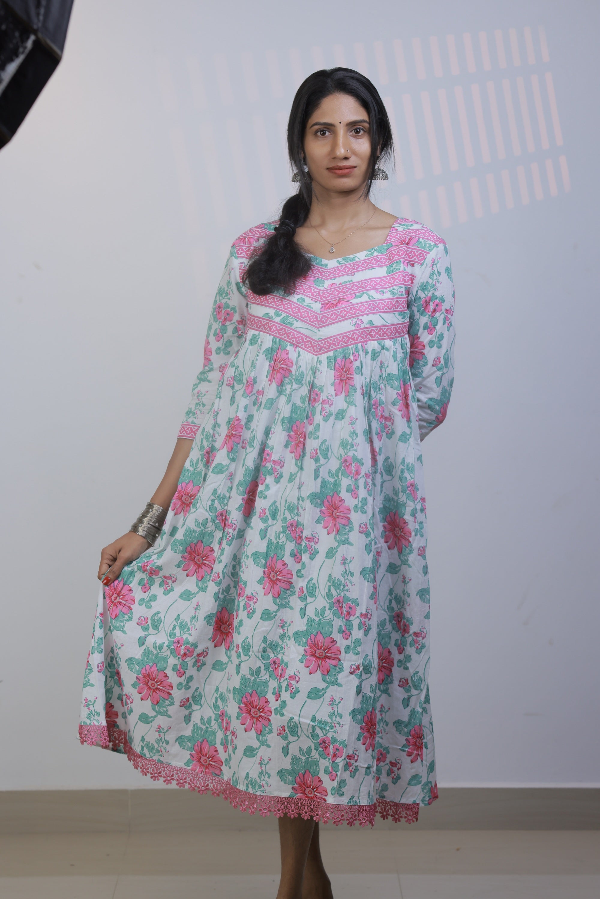 Gathered Dress - White with Pink