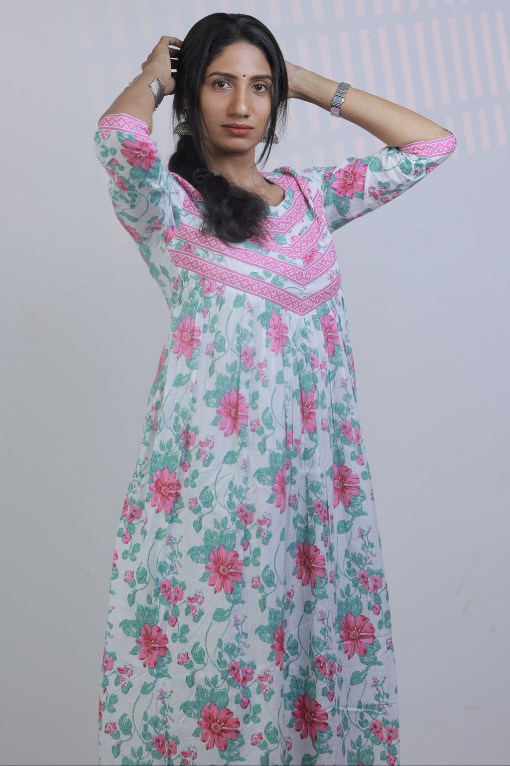 Gathered Dress - White with Pink