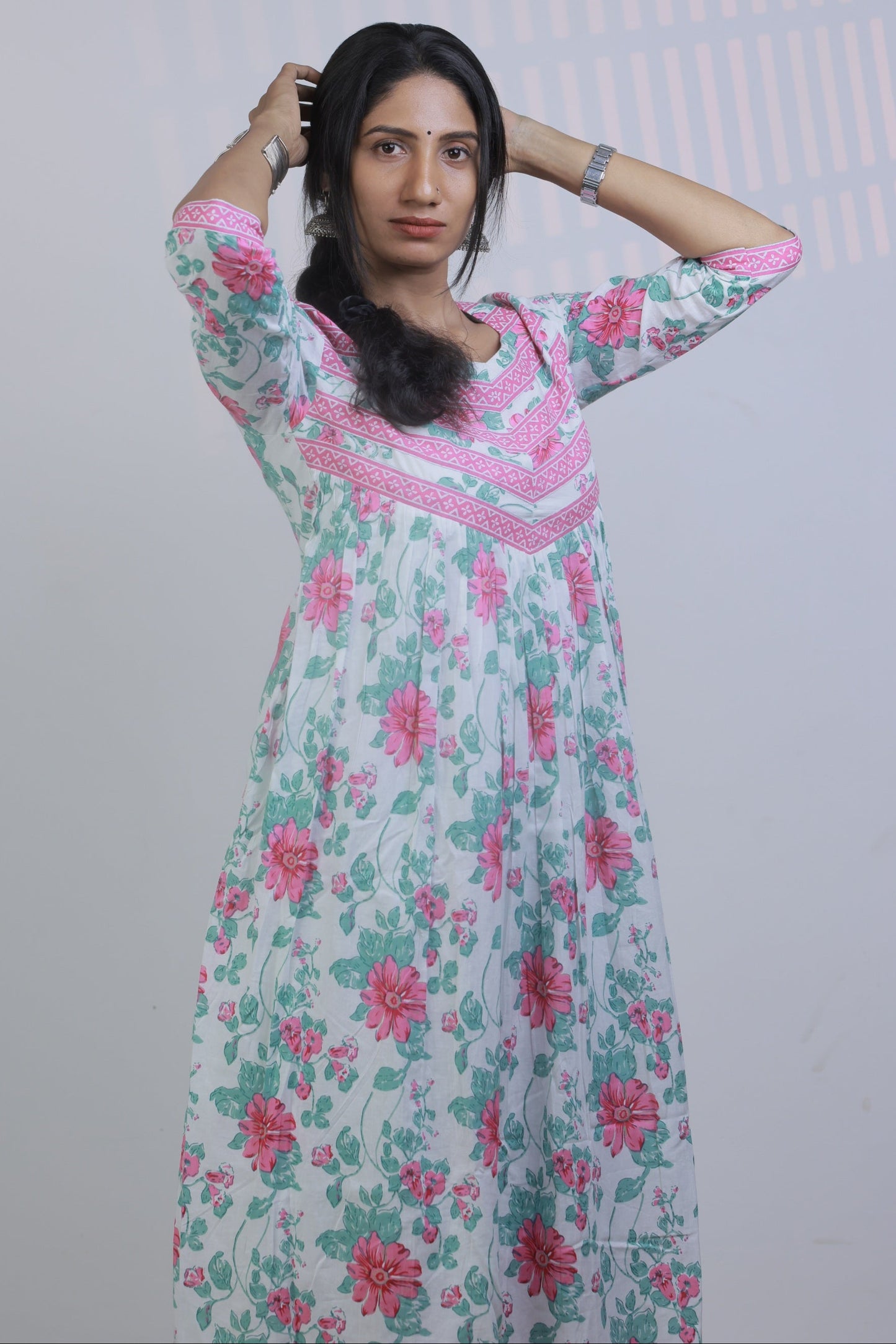Gathered Dress - White with Pink