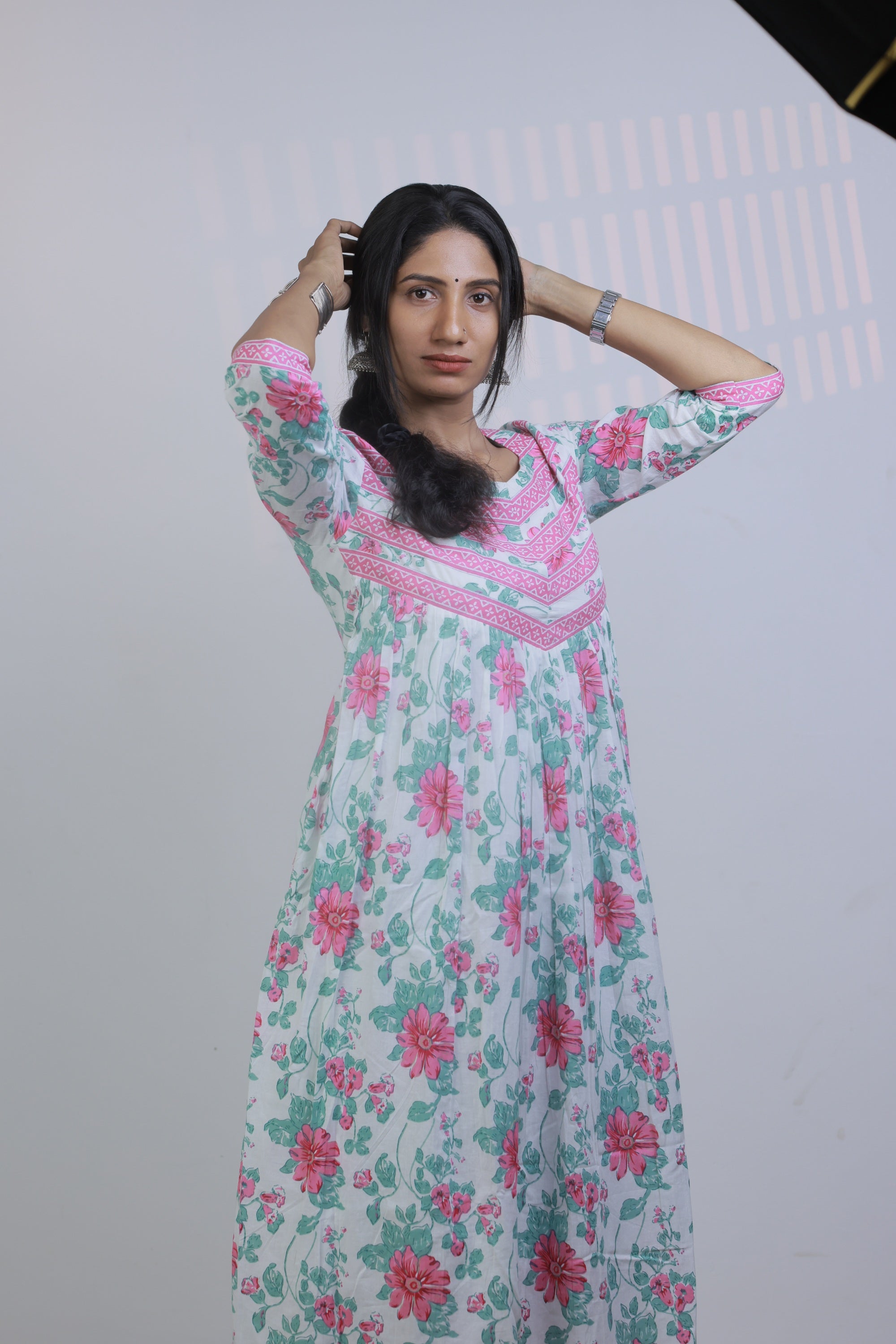Gathered Dress - White with Pink