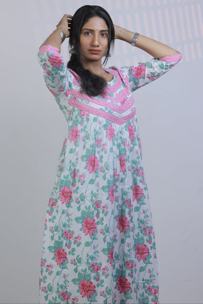 Gathered Dress - White with Pink