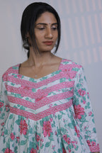 Gathered Dress - White with Pink