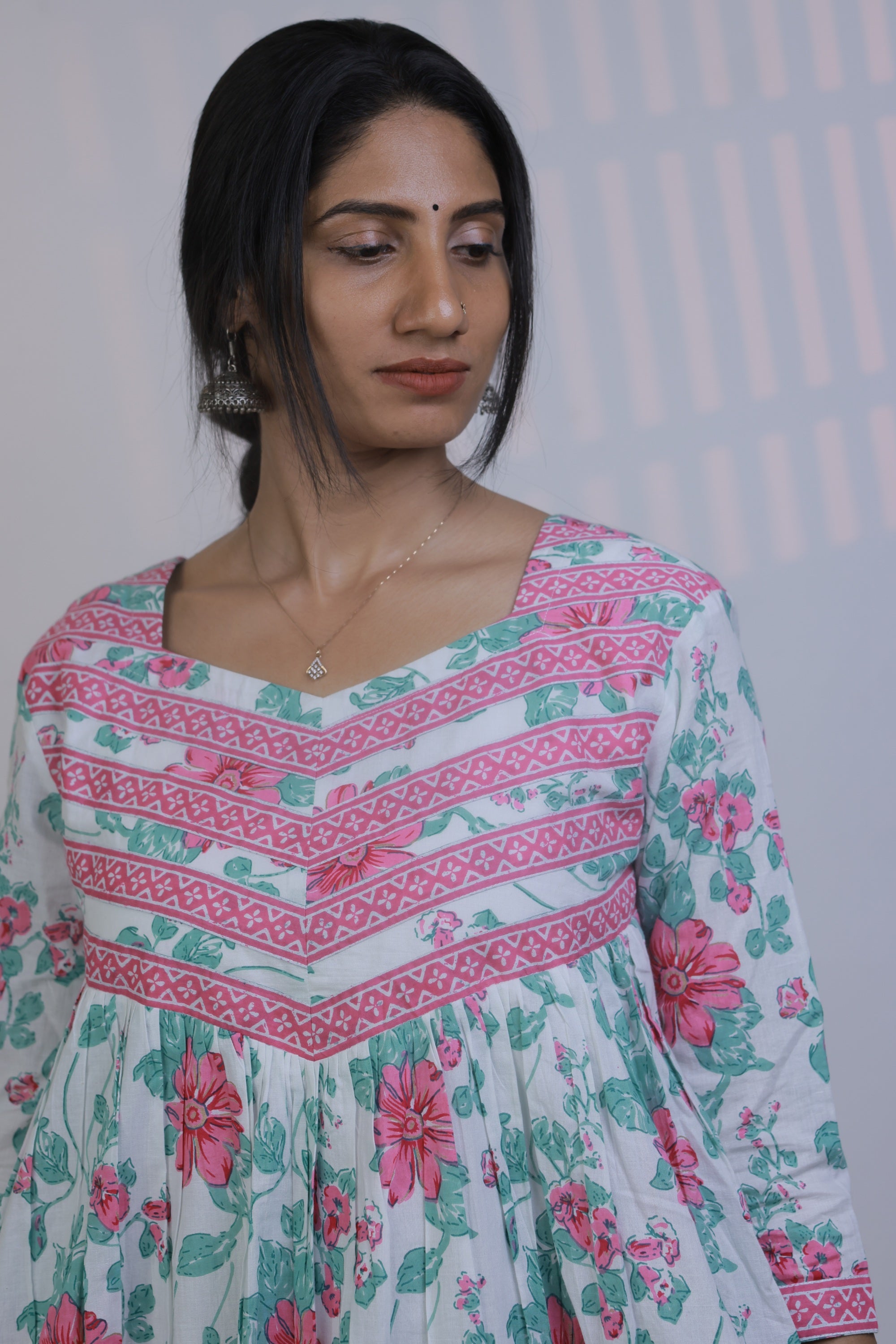 Gathered Dress - White with Pink