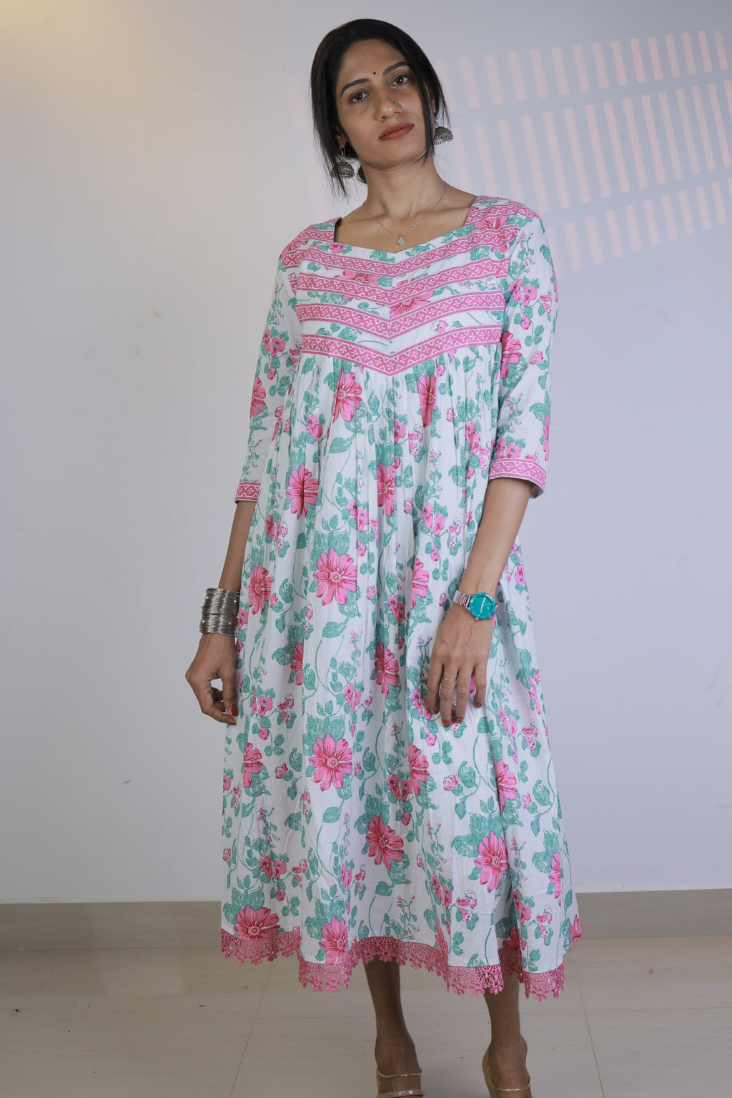 Gathered Dress - White with Pink