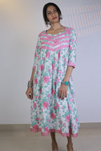 Gathered Dress - White with Pink