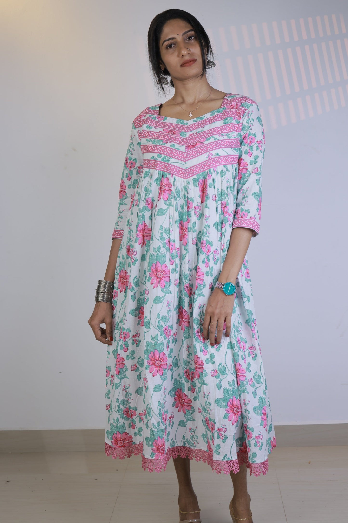 Gathered Dress - White with Pink
