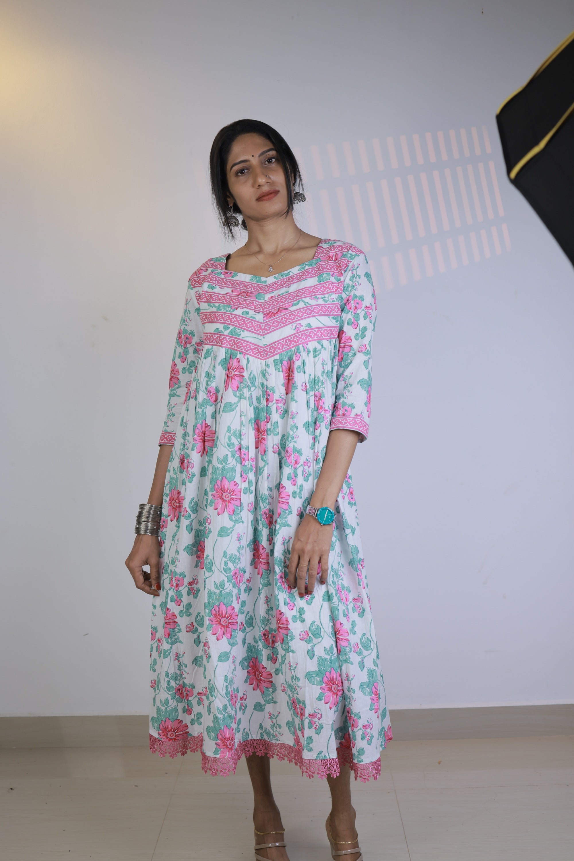 Gathered Dress - White with Pink