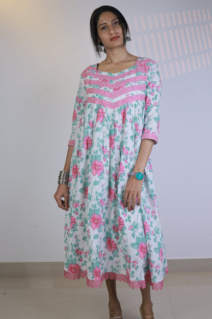 Gathered Dress - White with Pink