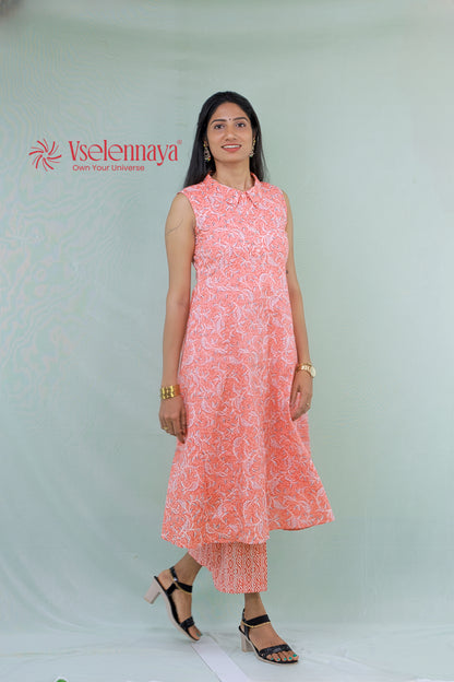 Printed Cotton Co-Ord Set - Coral Pink