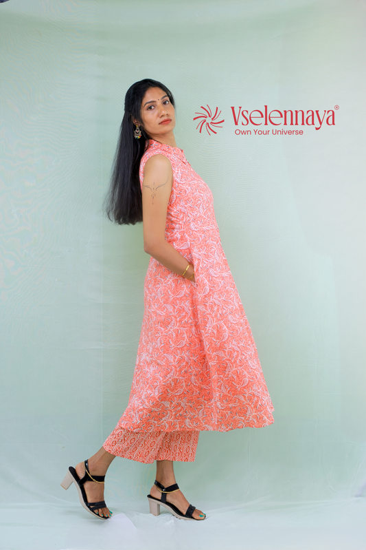 Printed Cotton Co-Ord Set - Coral Pink