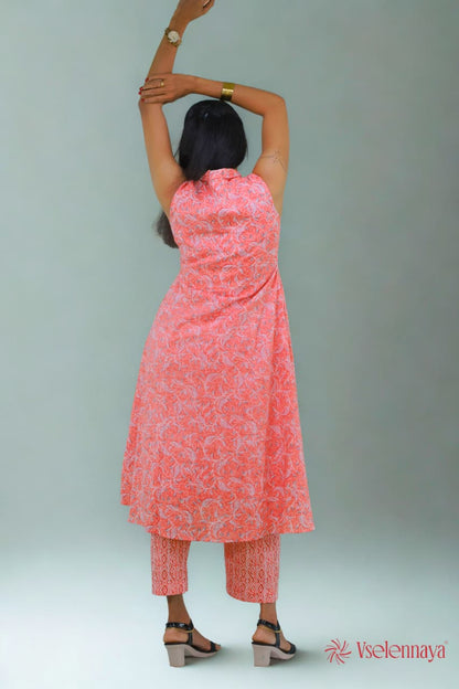 Printed Cotton Co-Ord Set - Coral Pink