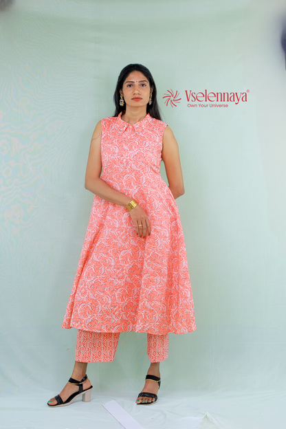 Printed Cotton Co-Ord Set - Coral Pink