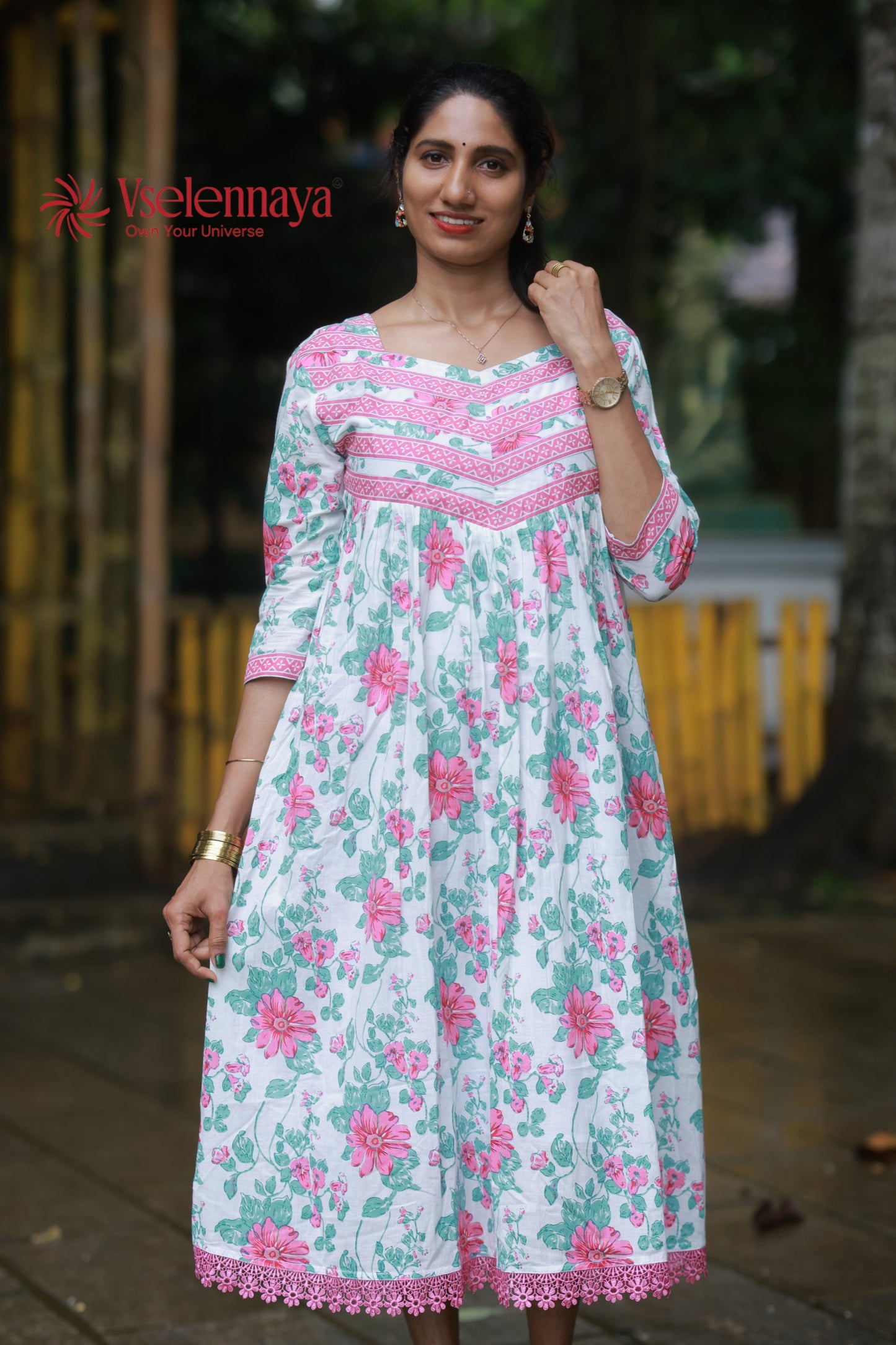 Gathered Dress - White with Pink