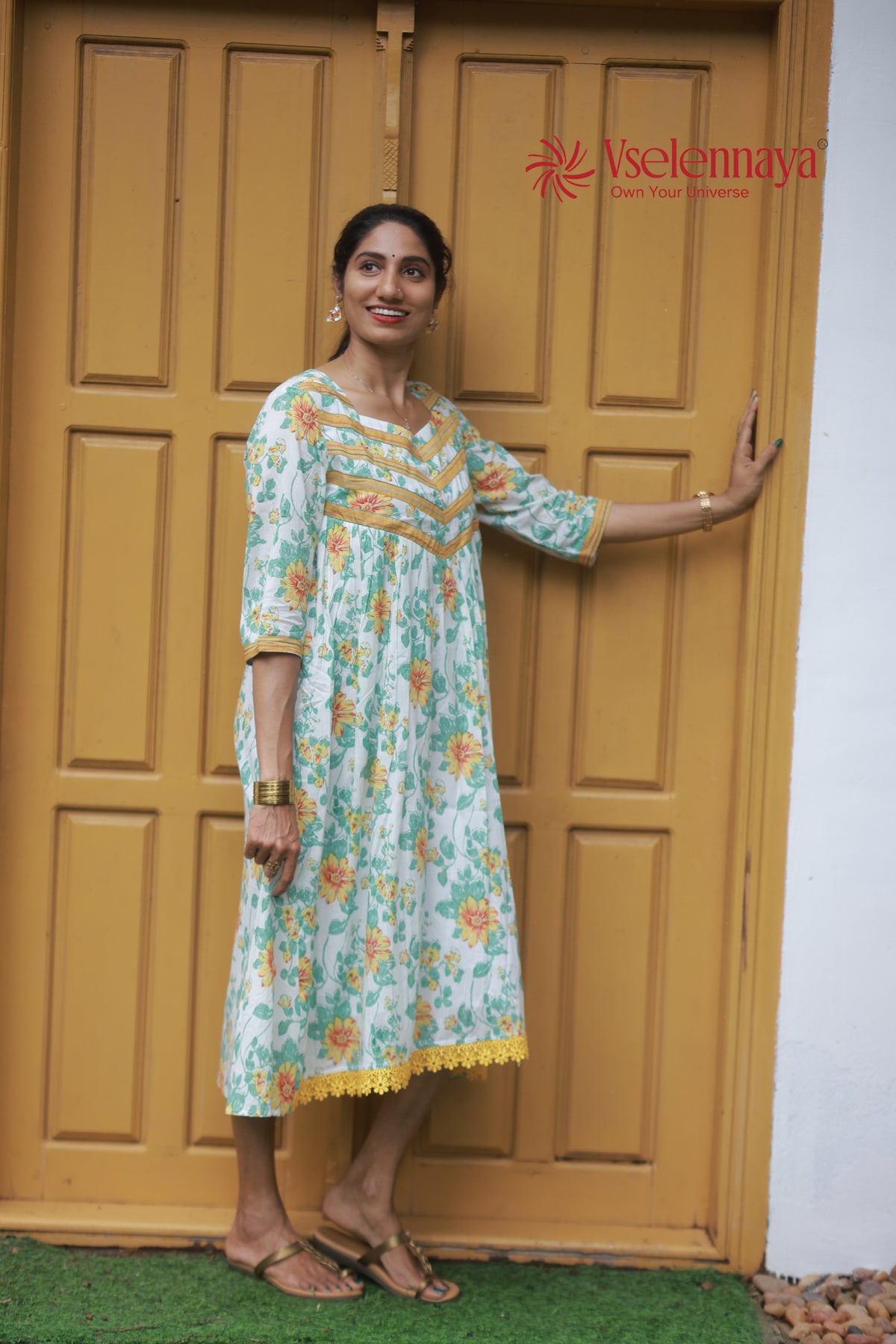 Gathered Dress - White with Yellow Floral