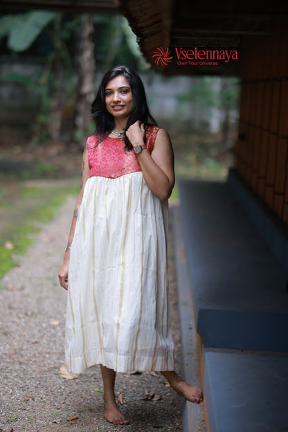 Hemam -Maroon Red with Off-White with Gold Vertical Zari stripes(Onam Special Limited Design)