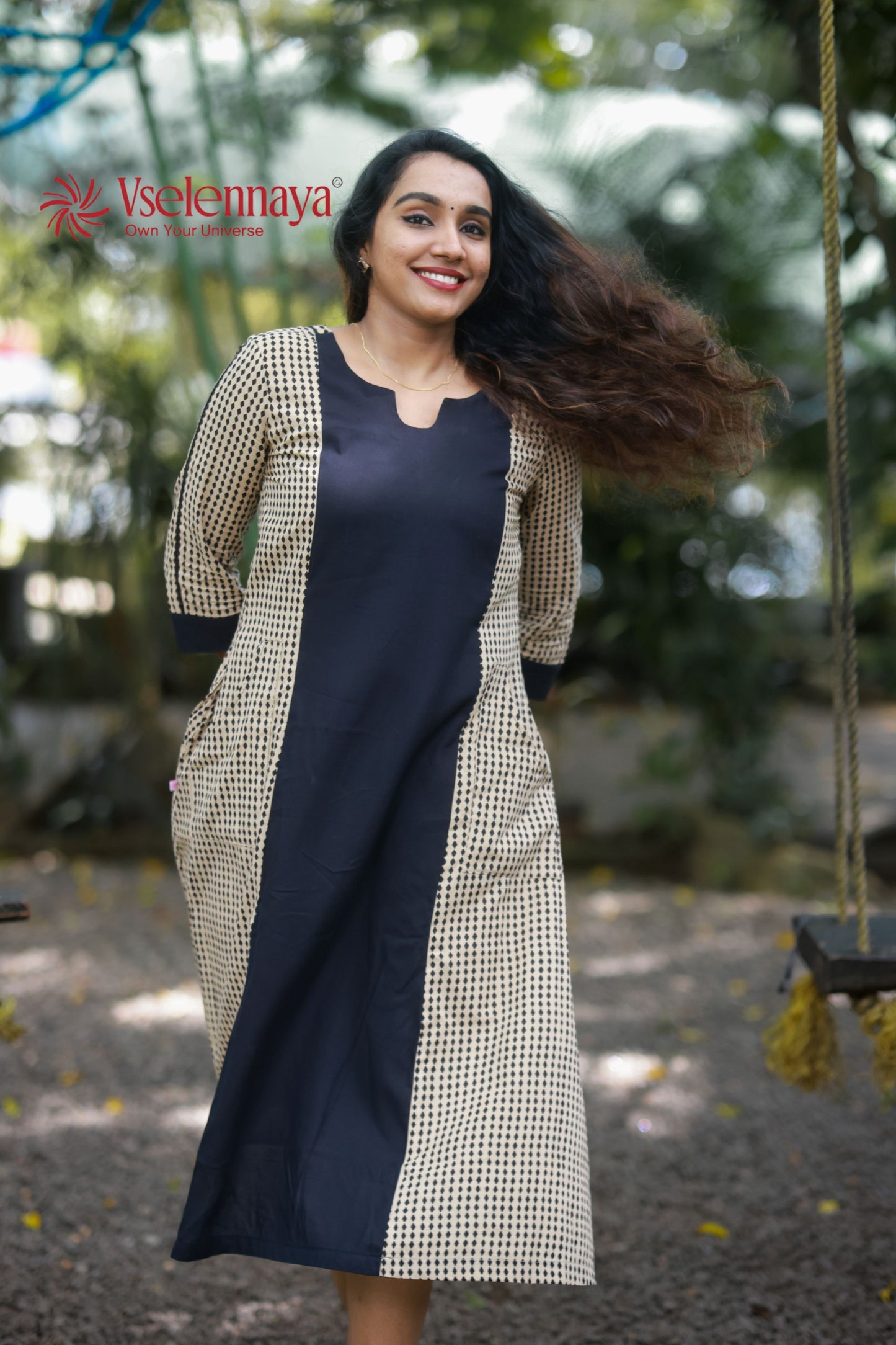 Patch Pocket A-Line Dress - Beige & Black
