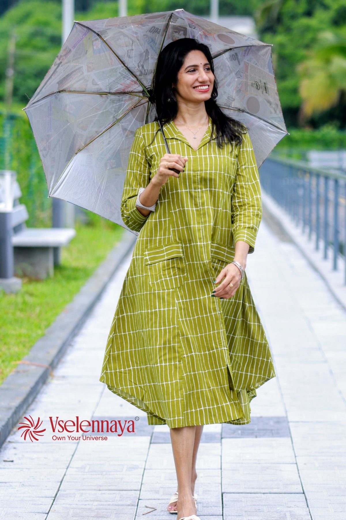 Cotton A-Line Dress - Olive Green