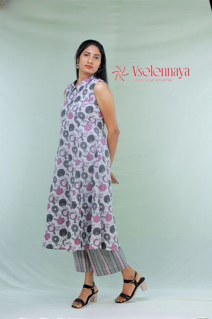 Printed Cotton Co-Ord Set - Light Grey Motifs