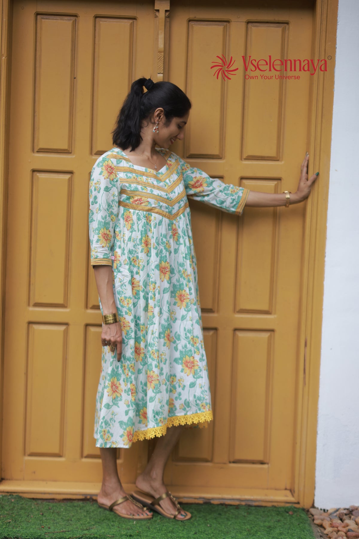 Gathered Dress - White with Yellow Floral