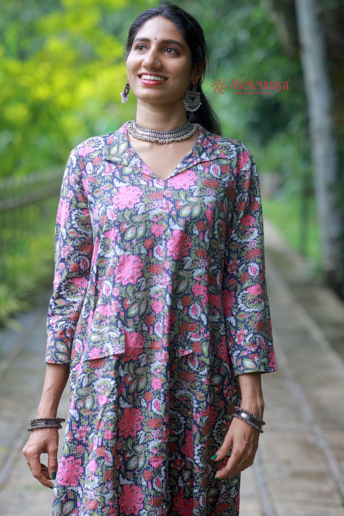 Kantha Cotton A Line Dress - Deep Navy Blue