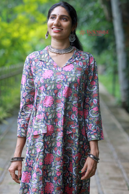 Kantha Cotton A Line Dress - Deep Navy Blue