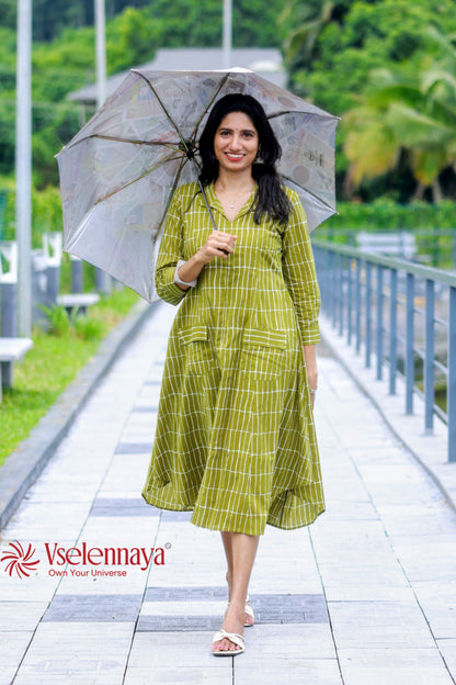 Cotton A-Line Dress - Olive Green