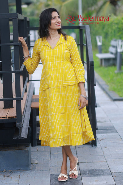 Cotton A-Line Dress - Mustard Yellow
