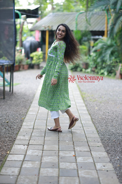 2 in 1 Full Sleeve Dress - Apple Green