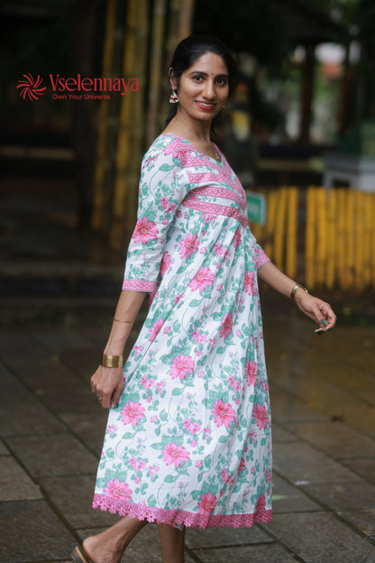 Gathered Dress - White with Pink