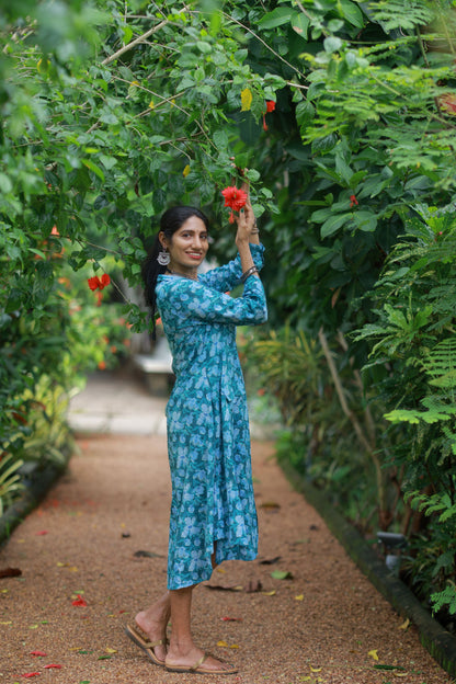 Kantha Cotton A Line Dress - Deep Teal Green