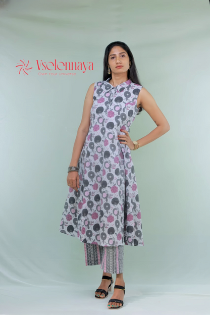 Printed Cotton Co-Ord Set - Light Grey Motifs